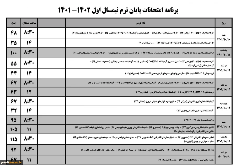 برنامه امتحانات پایان ترم نیمسال اول 1402-1401 3